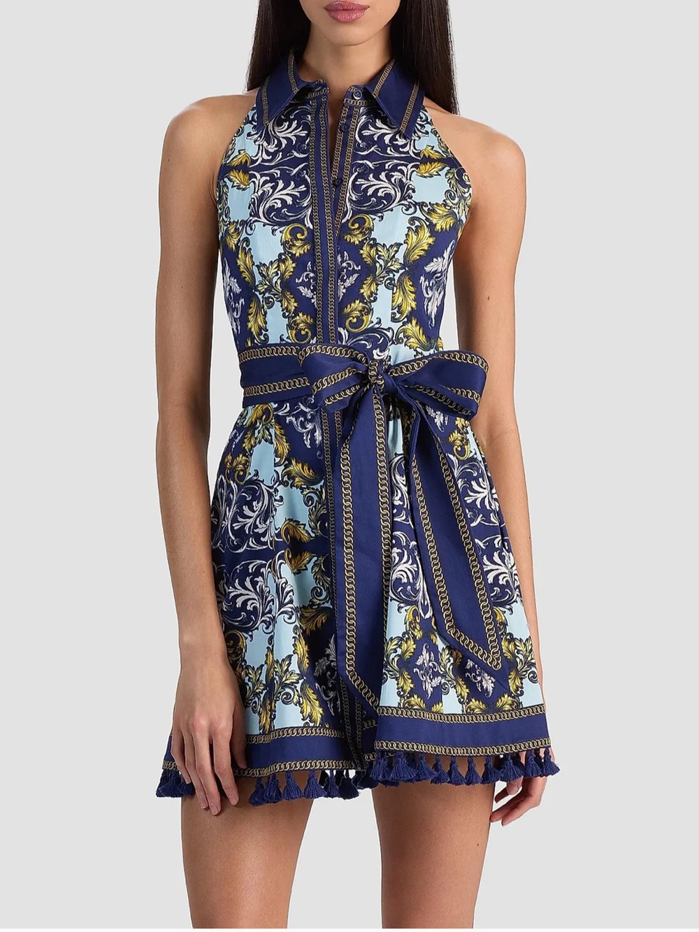 New Alice + Olivia Lucy Sleeveless Mini Shirt Dress Antique Scroll Blue Sz 8